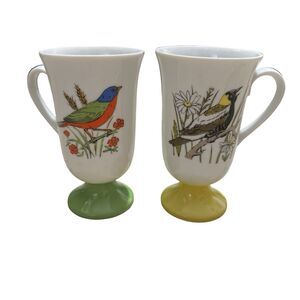 Fred Roberts Mugs 5.5” Footed Pedestal Birds Mid Century Lot Of 2 1970s